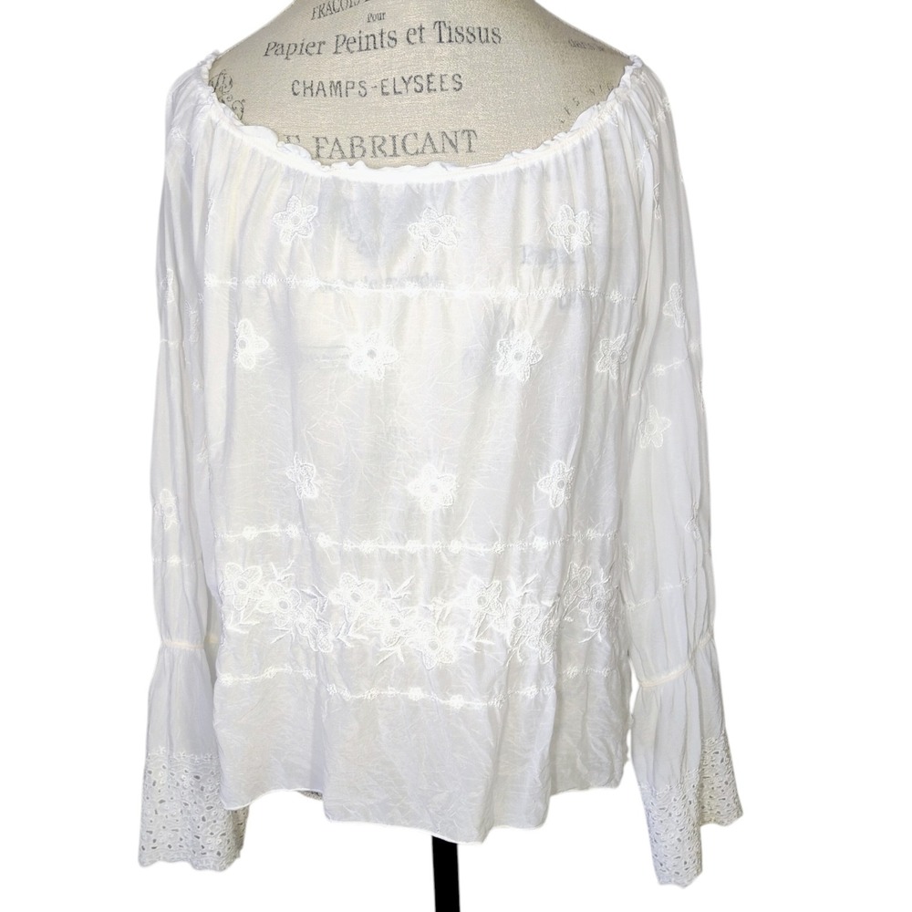 Vtg Johnny Was White Embroidered Flare Sleeve Blouse Womens XL Cottage Boho